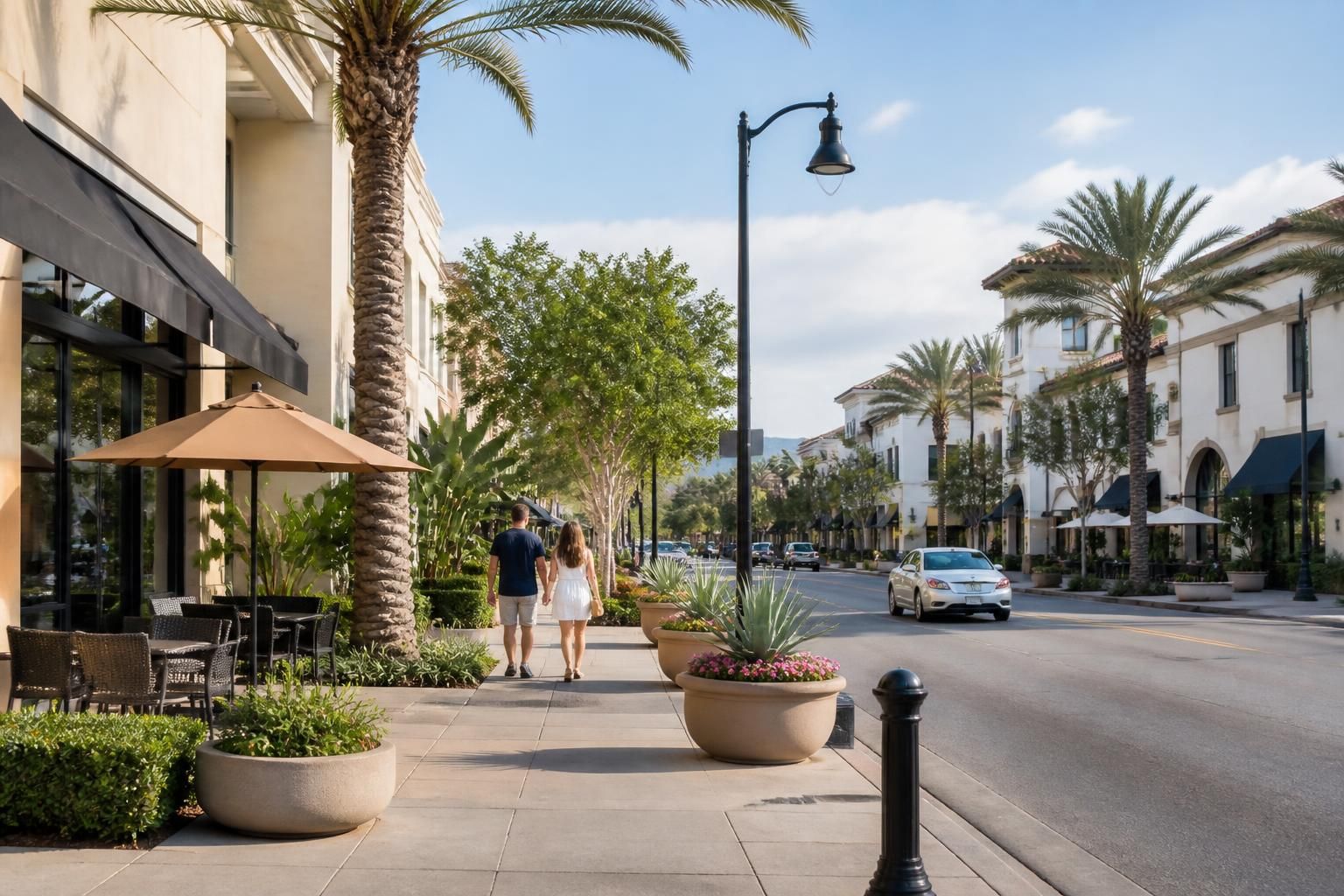 Palm-lined street with well-kept landscaping and clean surroundings.