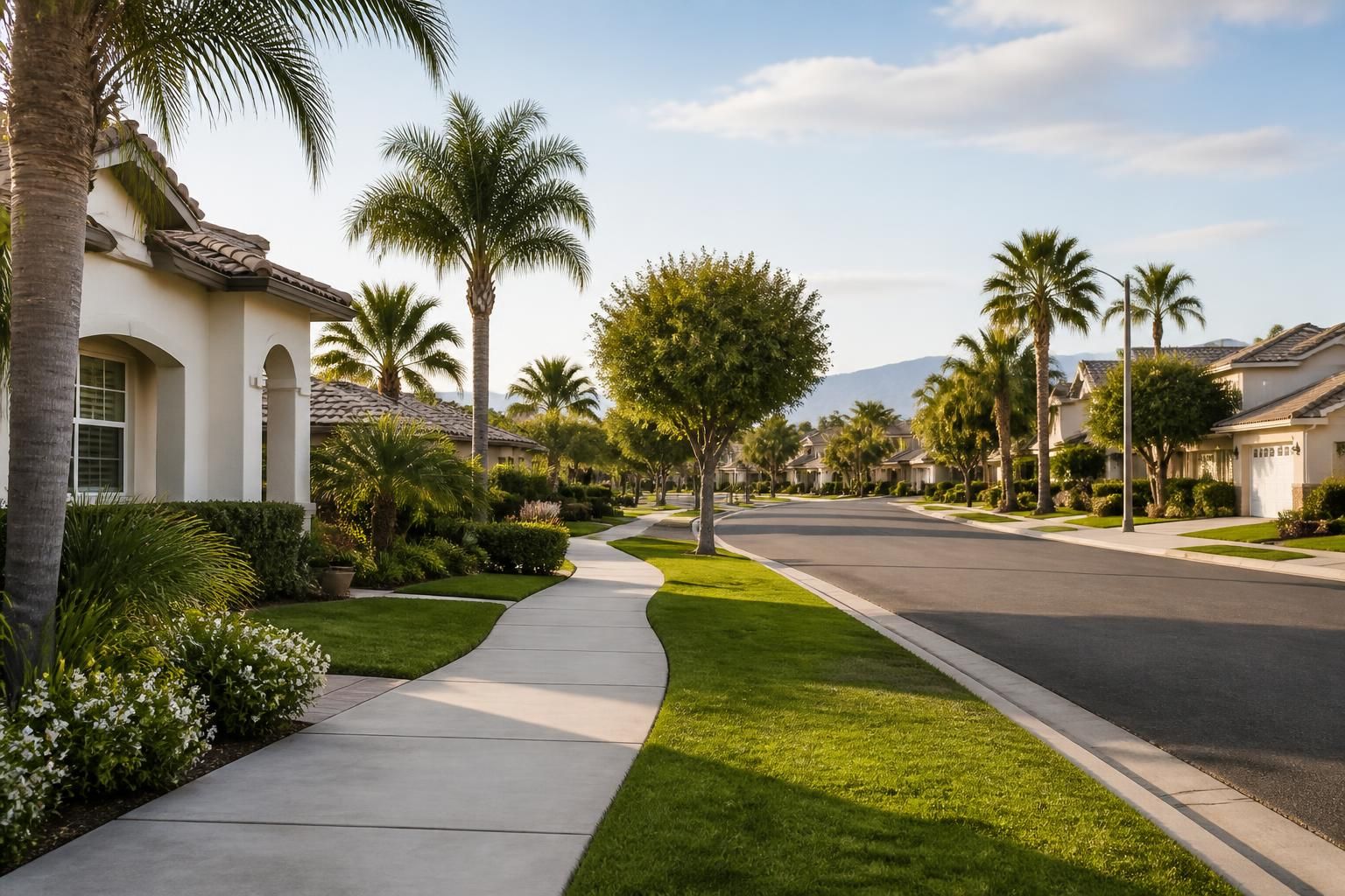 Residential street with manicured lawns and clean sidewalks.