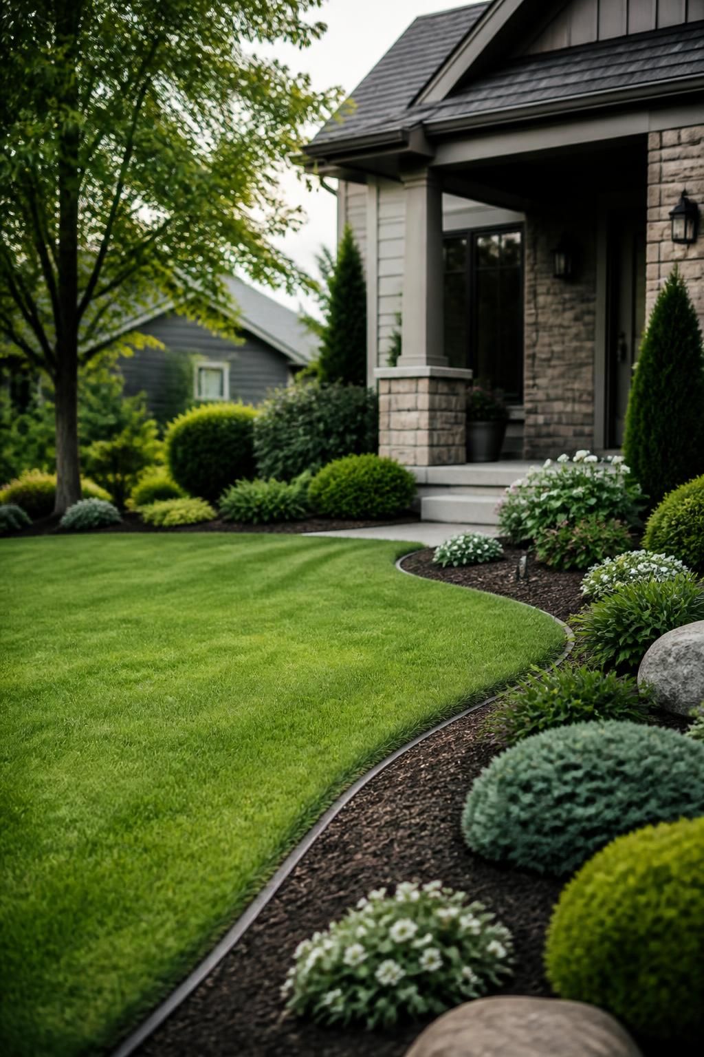 Inviting front yard with a polished lawn and trimmed shrubs.