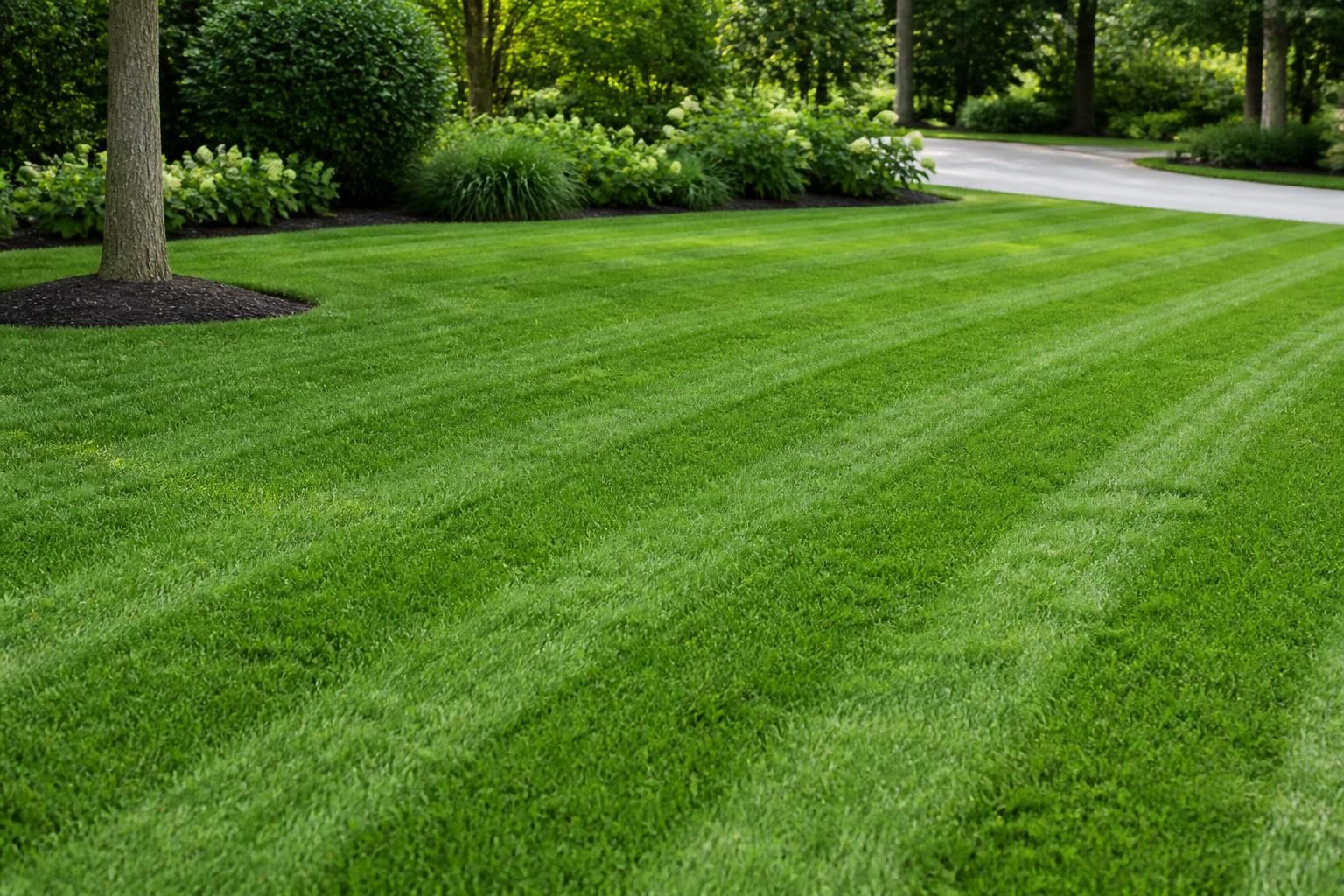 Freshly mowed lawn with clean striping and a smooth finish.