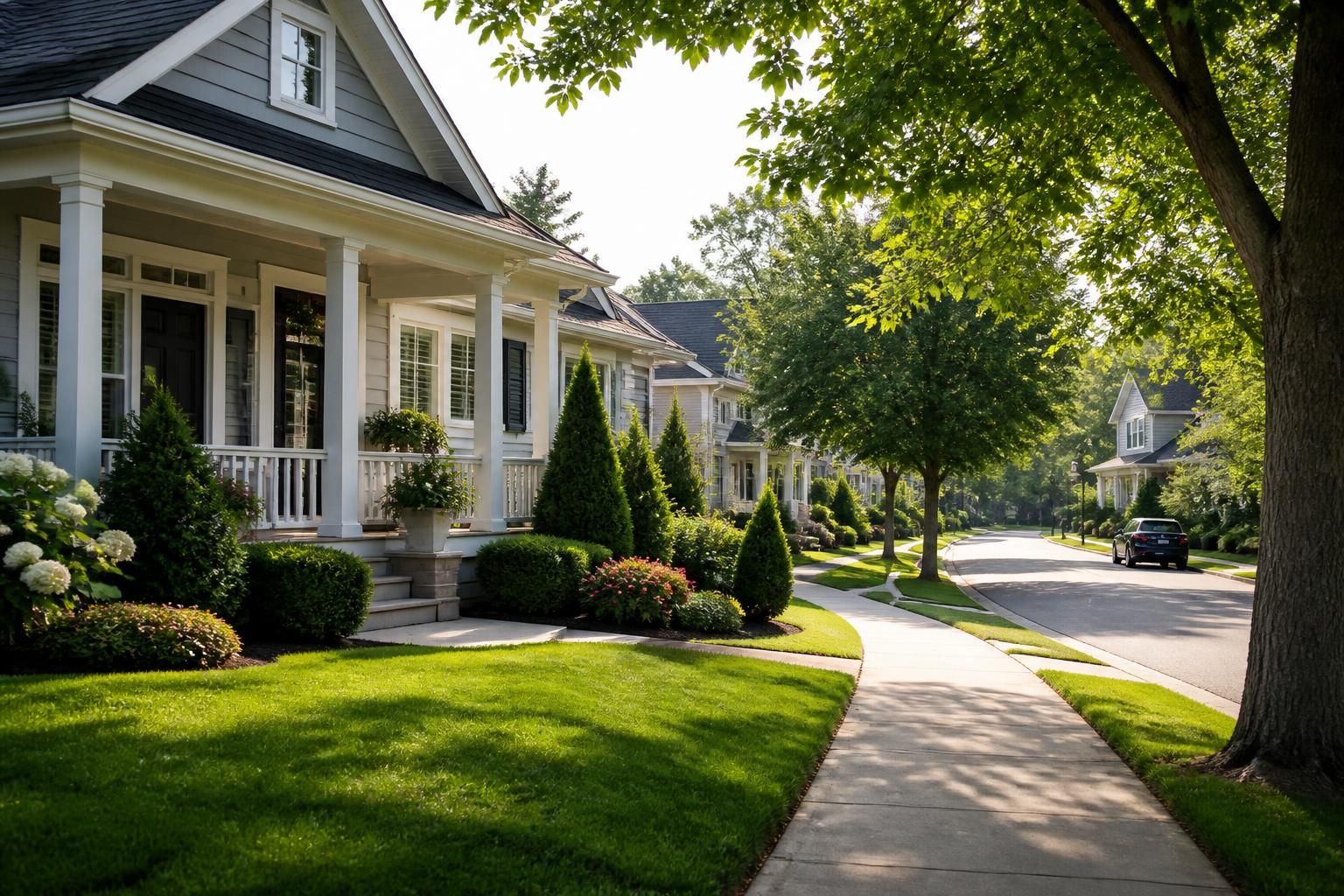 Neighborhood with neatly maintained yards and trimmed hedges.