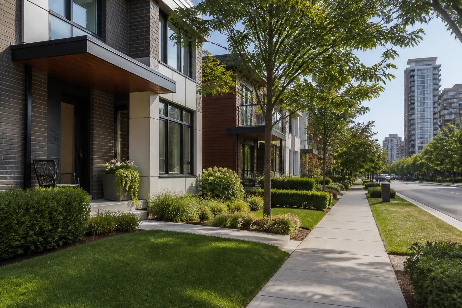 Urban neighborhood with modern homes and manicured lawns.
