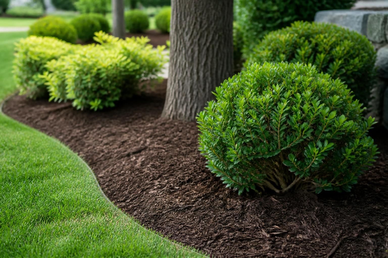 Fresh mulch neatly installed around shrubs in a landscape bed.