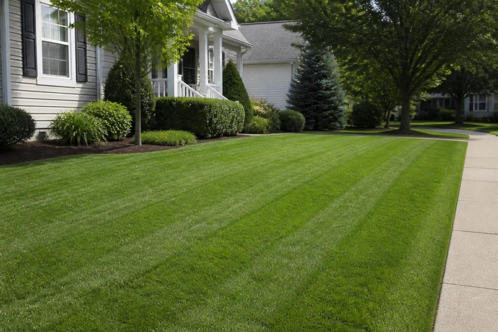 Wide view of a neatly mowed lawn with crisp, clean edges.
