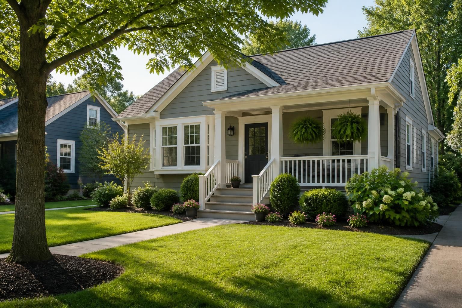 Local residential scene with green lawns and tidy curb appeal.
