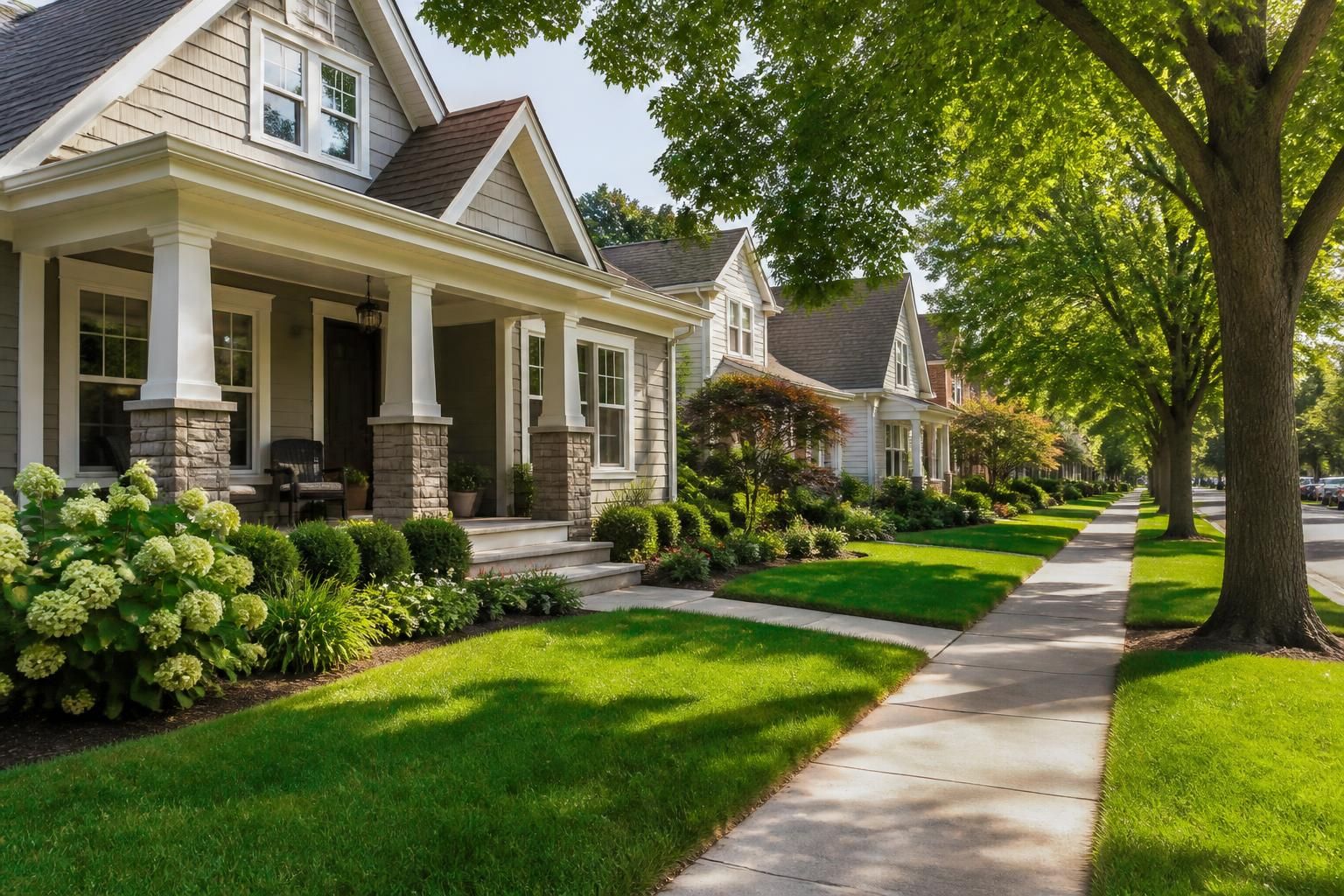 Welcoming neighborhood with tidy homes and well-kept front lawns.