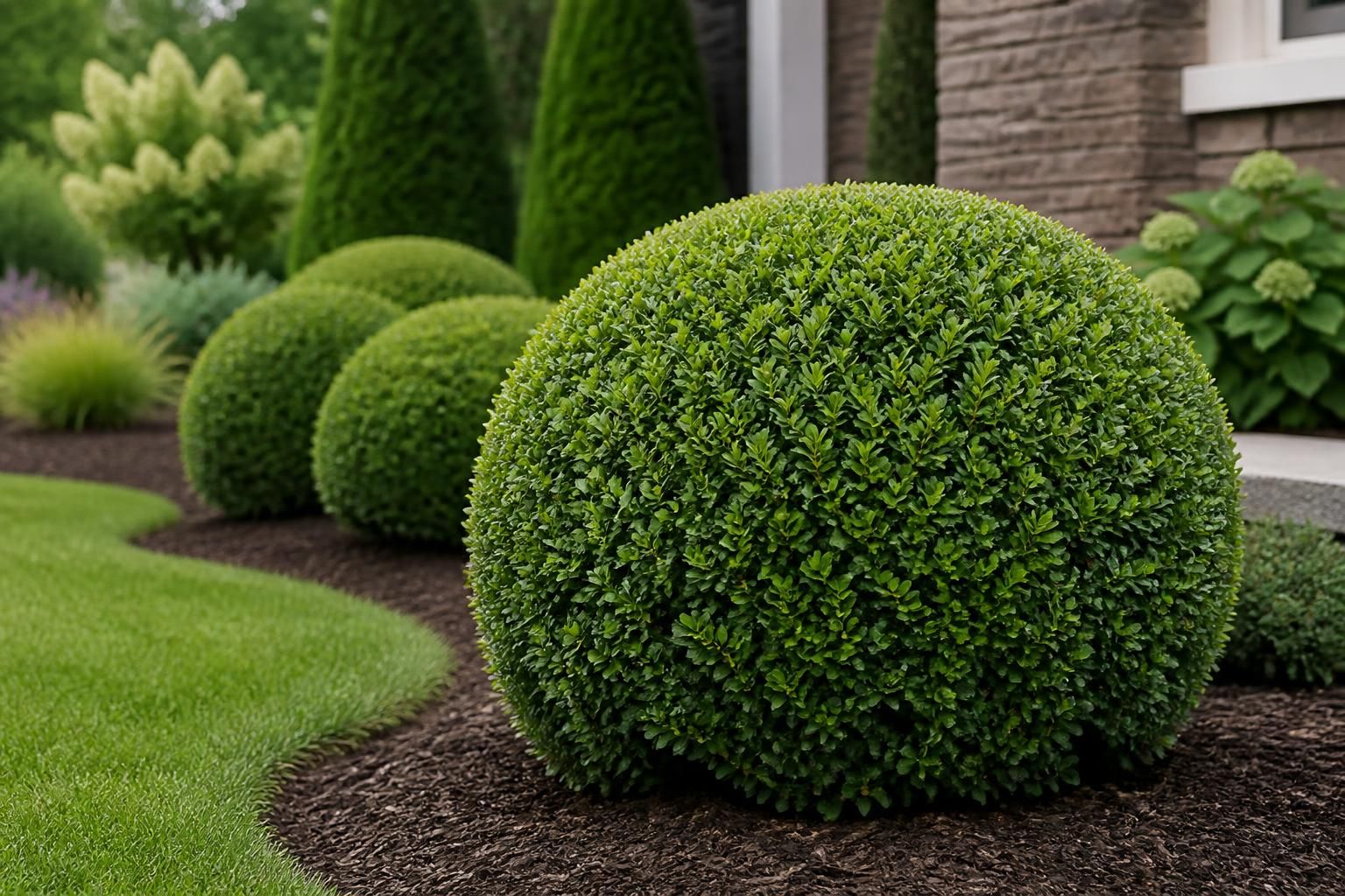 Neatly trimmed shrubs with balanced shapes in a landscaped yard.